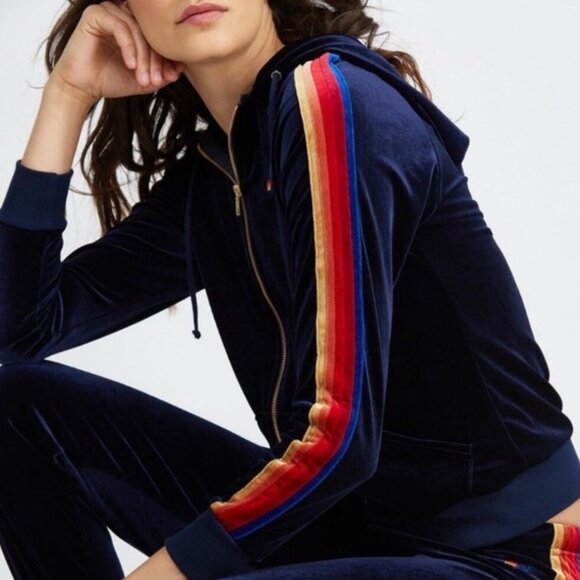 NWOT Aviator Nation Velvet Zip Hoodie – Navy Blue w/ Rainbow Stripes (Women’s M) - Picture 1 of 9